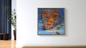 autor: Bozena Kot | wizualizacja obrazu | "Zatopiona Pamięć" | 100 x 100 cm | technika własna na płótnie jutowym | 2025 r.