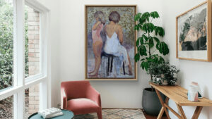 autor: Bozena Kot | wizualizacja obrazu | "Odcięcie 05" | 120 x 80 cm | 2022 r. | technika mieszana na płótnie lnianym | cykl "Postacie".