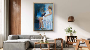 autor: Bozena Kot | wizualizacja obrazu | "Odcięcie 06" | 120 x 80 cm | 2022 r. | technika mieszana na płótnie | cykl "Postacie".