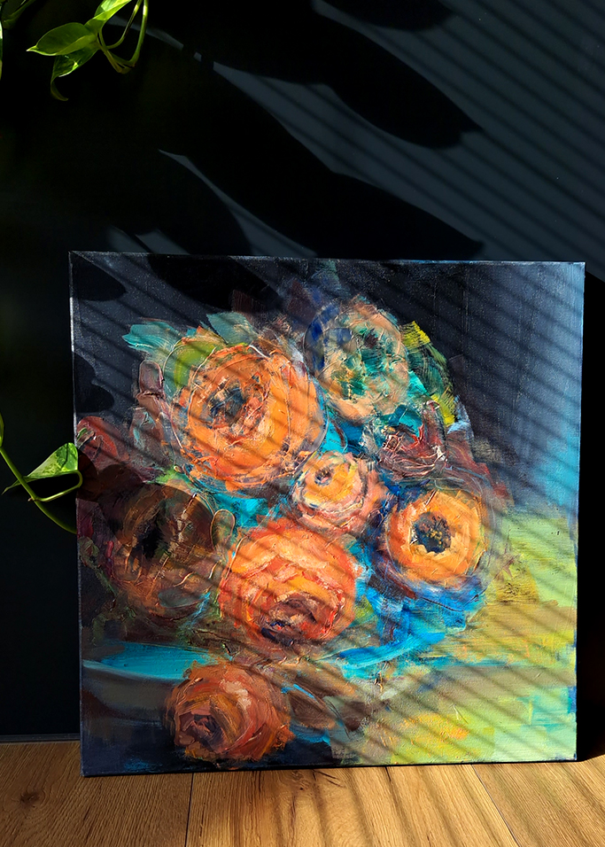 "Roże na lazurowym talerzu" | 50 x 50 cm | 2023 r. | seria: "Kwiaty" | olej na płótnie