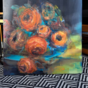 "Roże na lazurowym talerzu" | 50 x 50 cm | 2023 r. | seria: "Kwiaty" | olej na płótnie