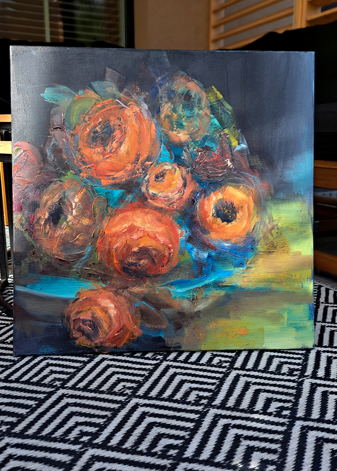 "Roże na lazurowym talerzu" | 50 x 50 cm | 2023 r. | seria: "Kwiaty" | olej na płótnie