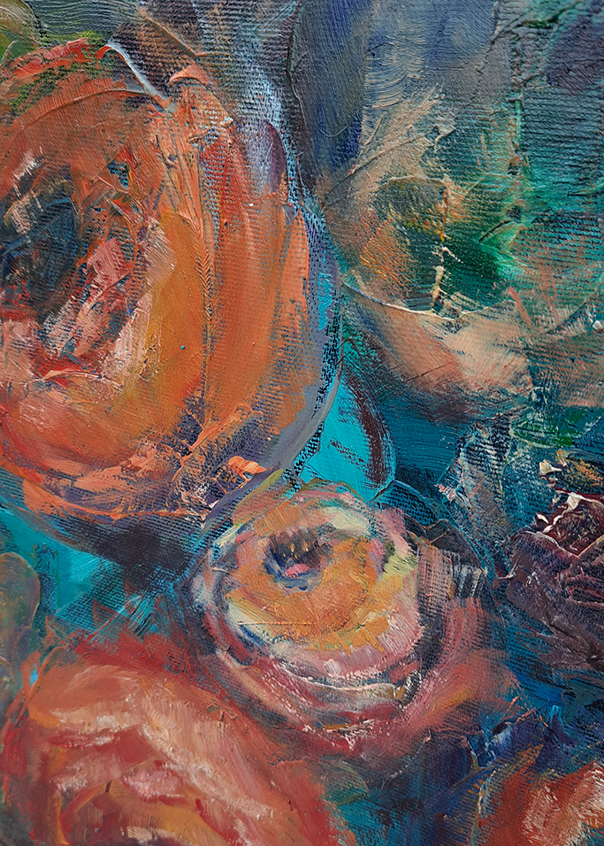 "Roże na lazurowym talerzu" | 50 x 50 cm | 2023 r. | seria: "Kwiaty" | olej na płótnie